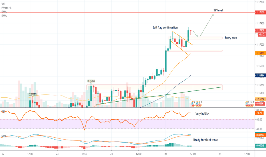 EUR/USD with Bull flag bullish continuation.
