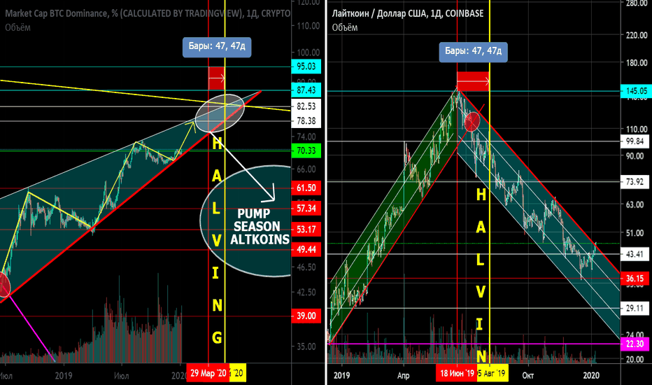 Сравнение трендов. Доминация BTC - халвинг +  LTC- халвинг.