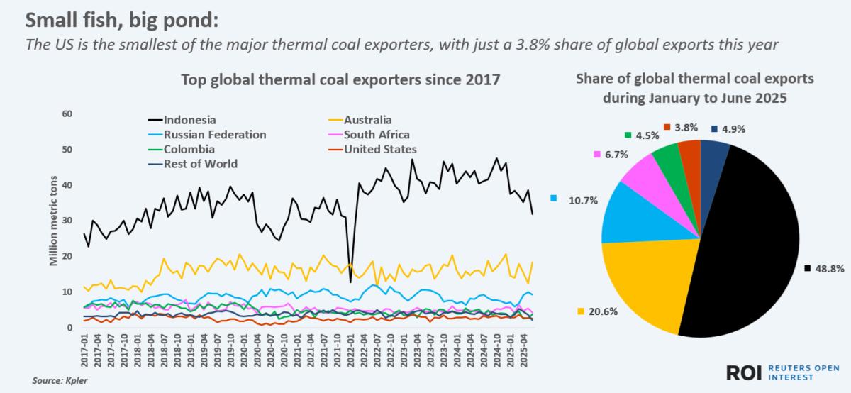 The US is the smallest of the major thermal coal exporters, with just a 3.8% share of global exports this year